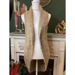 Sonny Taylor Fuzzy Knit Long Vest‎ Women Sz L Beige Open Front Shaggy Cardigan